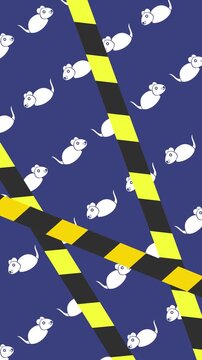 Hantavirus control quarantine zone pattern in vertical backdrop with warning tape and mouse icons background animation for virus hazard warning wallpaper.