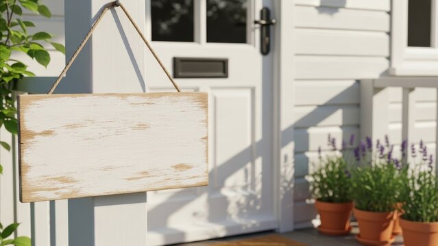 Real Estate - Blank Rustic Wooden Sign Hanging on White Porch Post Near Front Door with Lavender Pots