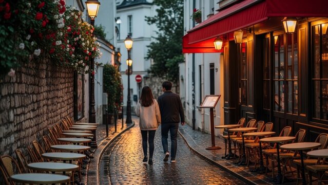 Romance - Couple Walking Together on Wet Cobblestone Street in Montmartre Paris at Dusk with Cafe Lights