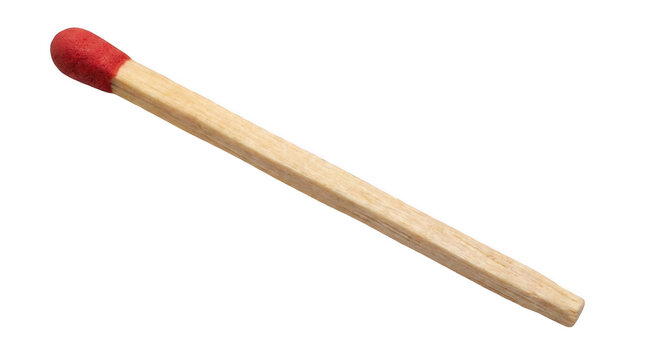 A single wooden matchstick with a red phosphorus head, positioned diagonally against a solid, deep black background