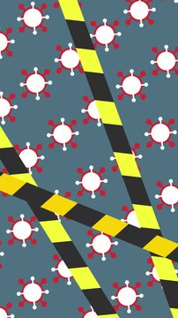 Biohazard quarantine zone pattern in vertical backdrop and warning tape with virus icons background animation for hantavirus pandemic containment and lockdown concept. Seamless looping.