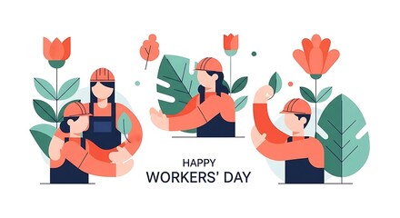 Fototapeta premium Happy Workers Day Illustration Featuring Construction Workers Celebrating Together