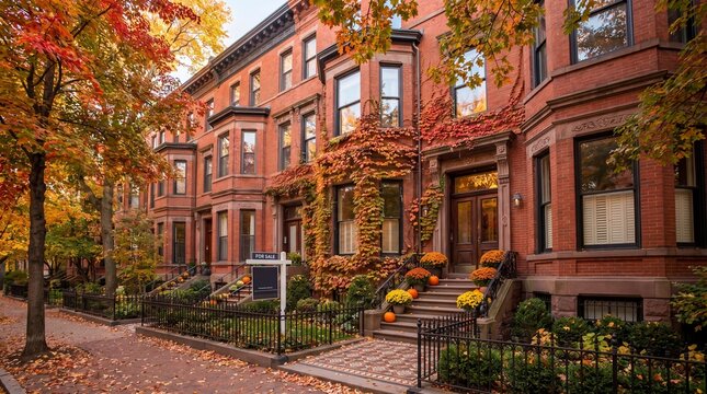 Autumn scene of a row of brownstone houses with colorful fall foliage and pumpkins