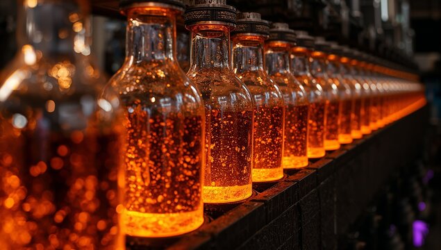 Glass Bottle Manufacturing Line With Molten Glass Shaping Close-Up