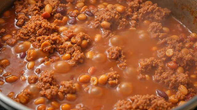 A close-up shot of chili cooking in a pot with beans and meat.