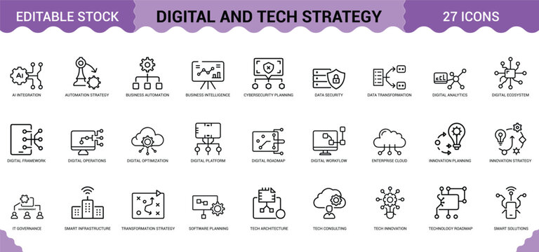 Digital and tech strategy icon set featuring innovation planning cybersecurity and ai systems.