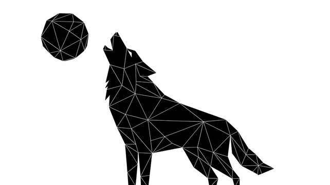 Geometric wolf silhouette howling at moon in black polygonal style for business branding