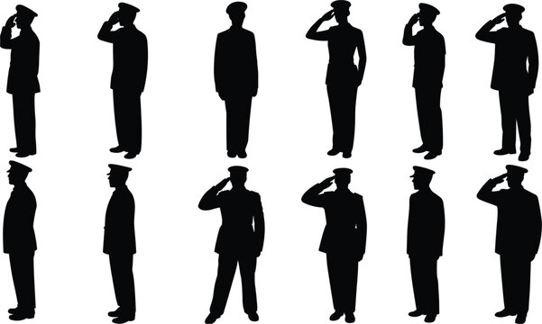 Silhouette collection of military personnel in uniform saluting from different angles soldier officer