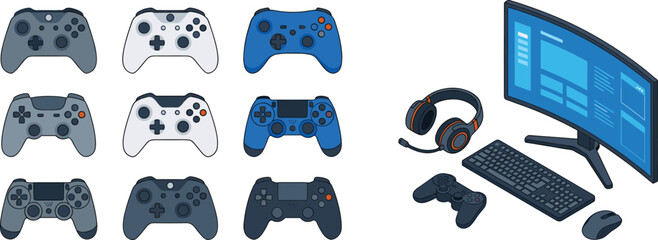 Gaming Setup and Controllers Collection - Video Game Console Equipment Vector Illustrations for Tech and Gaming Design © Hello World