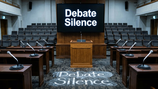 Empty debate chamber with silence message symbolizing political deadlock suppressed discourse and institutional stagnation