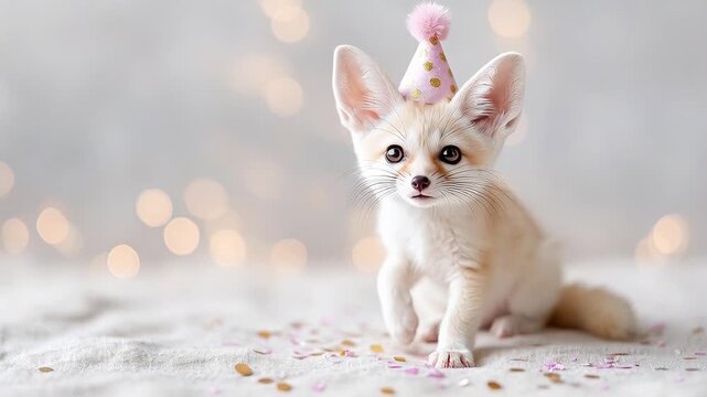 Adorable fennec fox cub in festive birthday hat with bokeh background