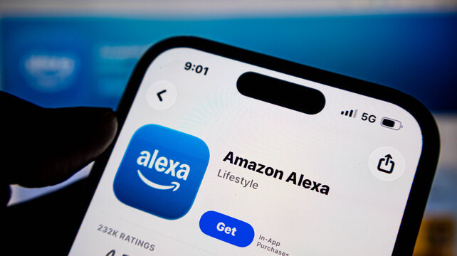 Closeup of a smartphone screen displaying the amazon alexa app page in the app store