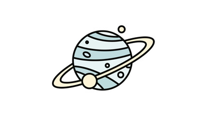Fototapeta premium A cartoonish planet with rings and a small moon orbits against a white background