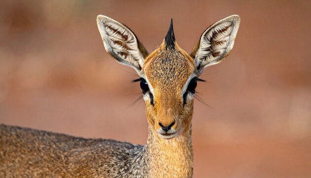 Dik-dik antelope close-up portrait showing pre-orbital gland in natural savanna habitat