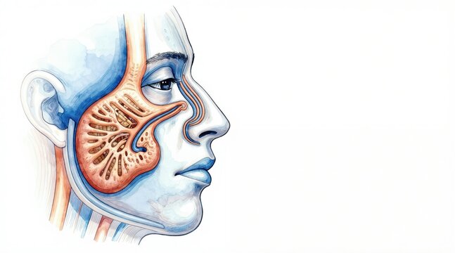 Editorial illustration of human nasal passages, olfactory system. Watercolor style shows internal sinus structures, nasal cavity, olfactory bulb detail. Anatomical view for science, health education.