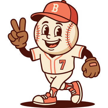 A cartoon baseball character wearing a uniform and cap makes a peace sign.