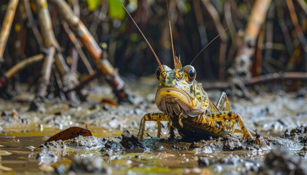 Mudskipper fish raising dorsal fin and eye stalks on muddy mangrove flat in natural habitat