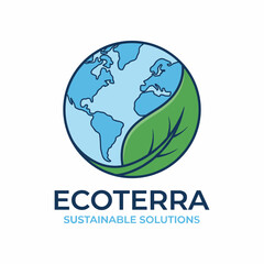 Fototapeta premium A blue globe with continents and a green leaf, representing Ecoterra Sustainable Solutions logo, symbolizing environmental care and global sustainability.
