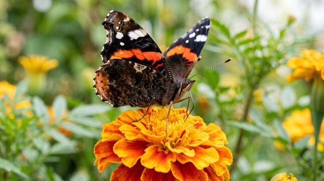 Illustration of open colorful exotic batterfly over flowers