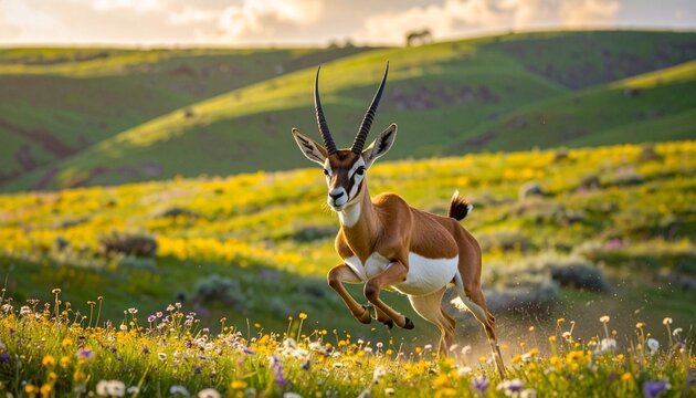 Springbok antelope leaping in mid-air over blooming wildflowers in golden savanna grassland