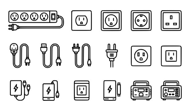 Electrical outlets and power cords icons