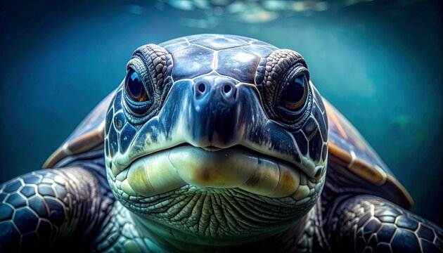 Leatherback sea turtle close-up underwater with ridged leathery carapace in deep blue ocean