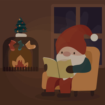 Cozy scandinavian tomte reading a book near fireplace winter vector illustration.