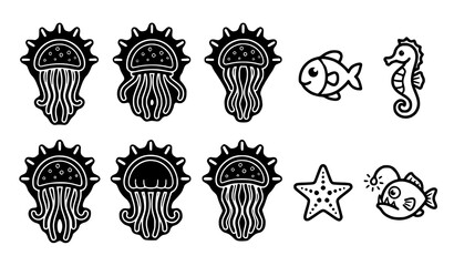 Black and white marine life icons jellyfish seahorse fish and starfish © Najma