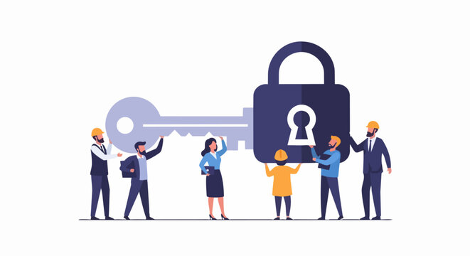 Business Team Collaborative Cybersecurity Solution with Giant Key and Lock Flat Vector Illustration for Data Protection and Privacy Concepts