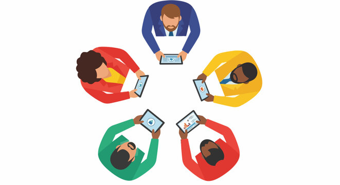 Diverse Global Business Team Collaborating in a Circle with Tablets and Data Analytics, Top View Flat Vector Illustration of Professional Corporate Meeting