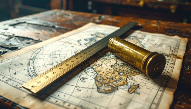 Brass parallel ruler and divider on antique nautical map for maritime navigation plotting