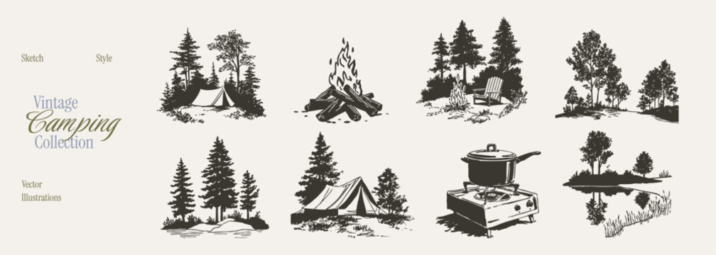 Camping tent forest scenery and tourist equipment. Illustrations for adventure maps and outdoor blogs. Vintage hand drawn pencil sketch style with a rough graphite hatching texture.