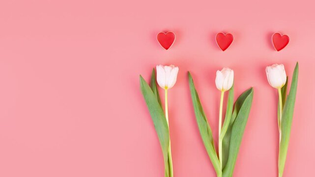 Delicate white tulips and red hearts arranged on a soft pink background