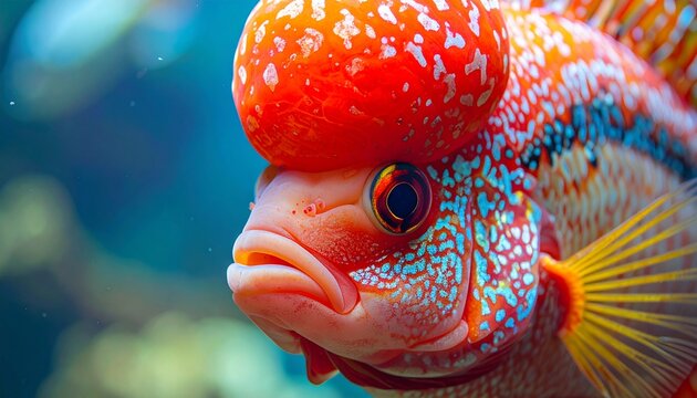 Vibrant red Flowerhorn cichlid fish with prominent nuchal hump close-up in aquarium macro shot
