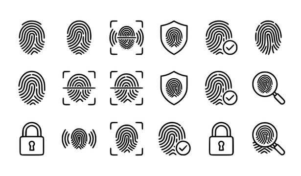 Fingerprint security icons set biometric authentication access control and identification
