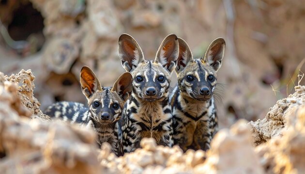 Aardwolf with striped fur and pointed ears standing in natural rocky habitat close-up macro