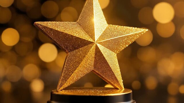 A shiny golden star award with a bokeh background.