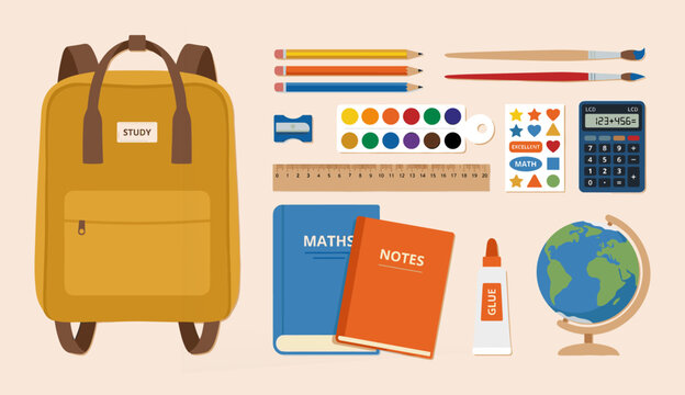 Back to school supplies set with backpack books stationery and classroom objects