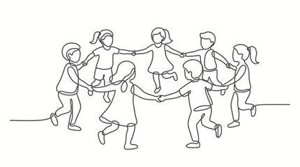 Obraz premium Continuous line drawing of a group of children holding hands in a circle.