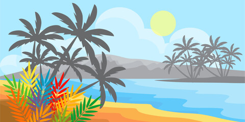 Fototapeta premium silhouette of coconut tree in flat style. illustration of palm tree in flat style. summer background. summer theme scenery 