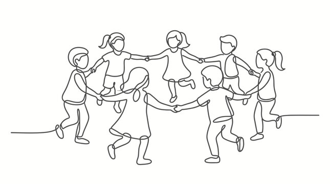 Continuous line drawing of a group of children holding hands in a circle.