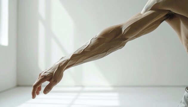 Human body in expressive dance pose with extended arm in minimalist studio lighting