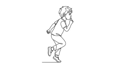 Obraz premium Continuous line drawing of a young boy running while making a hush gesture.