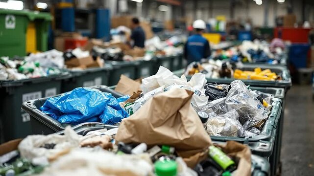 Recycling bins overflowing with sorted waste in a factory setting.