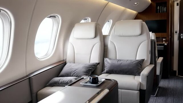 Luxury private jet cabin with comfortable leather seats and elegant interior.