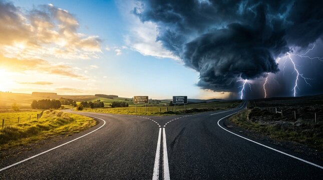 Asphalt road splitting into a fork under a split sunny and dark thunderstorm sky with roadside billboards