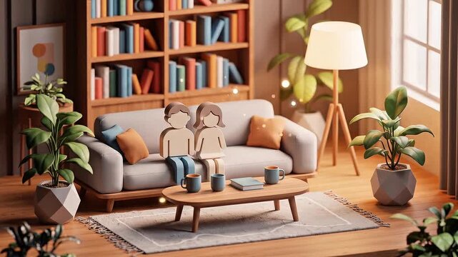 Create an isometric 3D-style vector animation for World Parents&rsquo; Day featuring miniature parent icons sitting together in a cozy living room environment. Detailed isometric furniture, indoor plants
