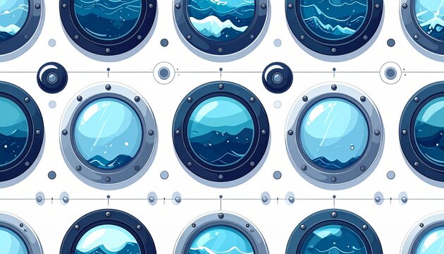 Seamless pattern of submarine portholes and periscope views with ocean scenery in flat illustration style