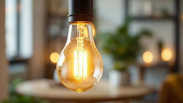 Close-up of an illuminated vintage filament light bulb.
