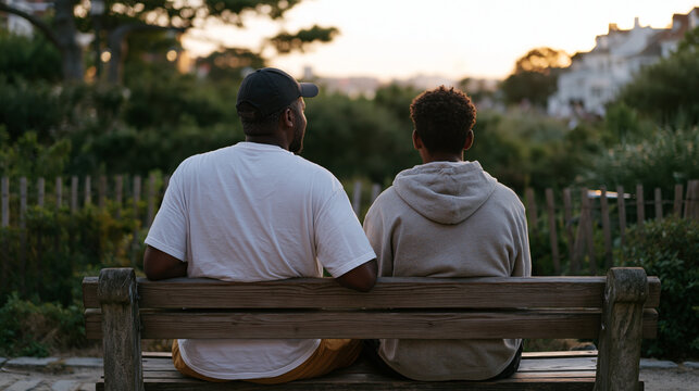 Young male social worker sitting on a park bench beside a teenager who has recently left foster care, neither speaking, both looking toward a July fireworks display on the horizon, the bond of mento
